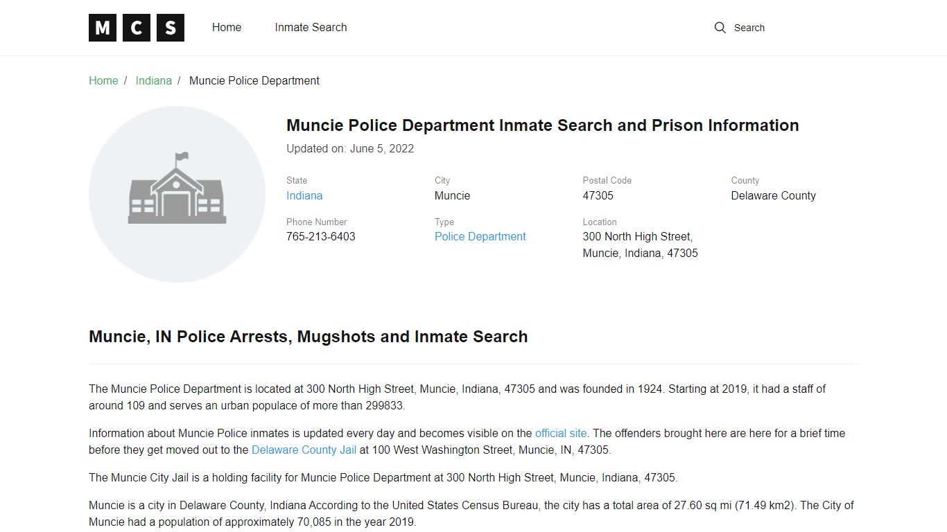 Muncie Police Department Inmate Search and Prison Information